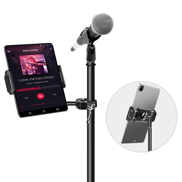 Elitehood Newest Aluminum iPad Holder for Mic Stand, Side Mount iPad Music Stand Holder for Microphone, 360° Swivel Tilt Adjustable Mic Stand Tablet Holder for iPad, iPhone and More 4-13in Tablet