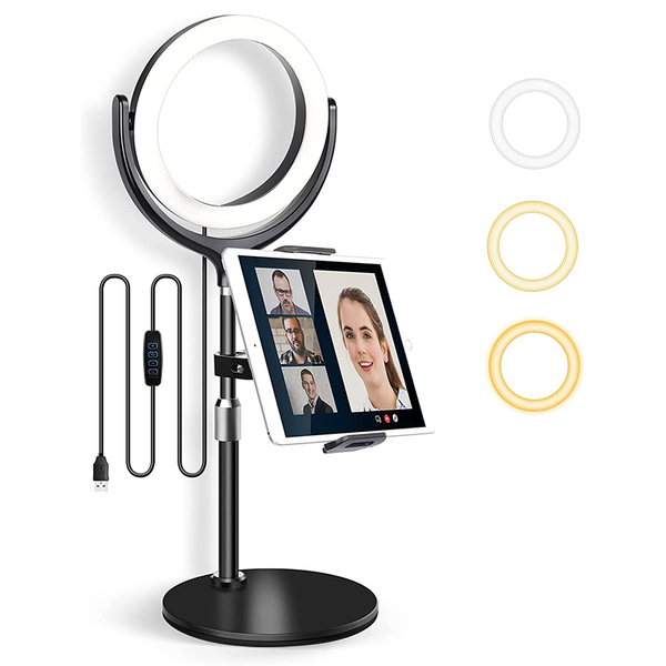 Elitehood iPad Stand with Ring Light for Online Video Conference, 3 Colors & 10 Brightness Computer Ring Light, Adjustable Desktop iPad Holder Stand for iPad Pro 12.9 11 Air Mini and 4-13’’ Tablet