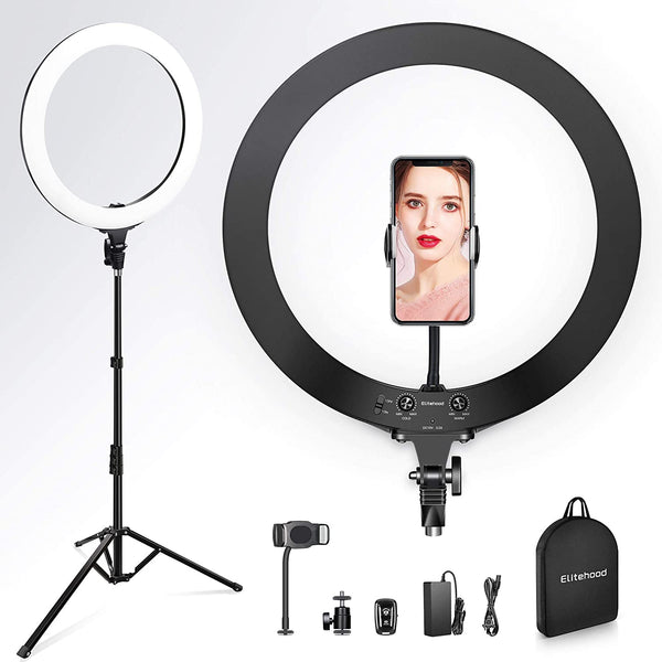 Elitehood Ring Light 18 inch, Dimmable LED Ring Light with Tripod Stand, Selfie Ringlight for Phone and DSLR Photography, Self- Portrait Shooting, YouTube, TikTok, Carrying Bag Bundled, Black