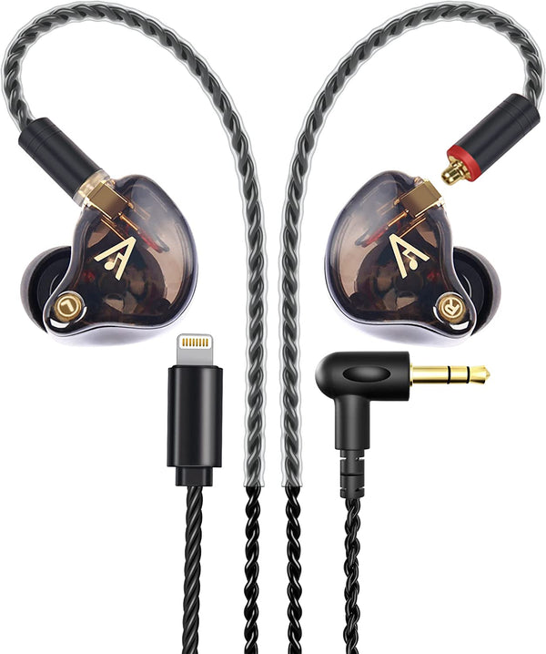 Audiovance Vibes 201L Wired Earbuds in-Ear Headphones, Lightning to 3.5mm Adapter & Braided Cord, Noise Isolating Bass Driven Earphones, Carry Case, Ear Buds Tips, 3.5mm Jack (Clear Brown, No Mic)