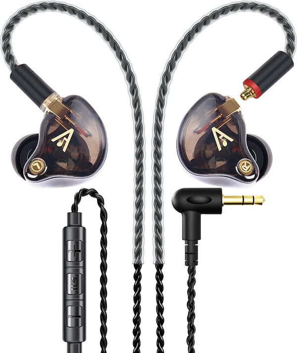 Audiovance Vibes 201M Wired Earbuds with Mic, in Ear Monitor Headphones with Braided Cord, Noise Isolating Bass Driven Stereo Earphones, Carry Case, Ear Buds Tips, 3.5mm Jack (Clear Brown)