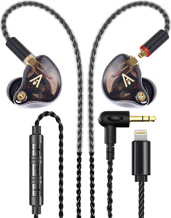 Audiovance Vibes 201ML Wired Earbuds in Ear Headphones with Mic, Lightning to 3.5mm Adapter & Braided Cord, Noise Isolating Bass Driven Earphones, Carry Case, Ear Buds Tips, 3.5mm Jack (Clear Brown)