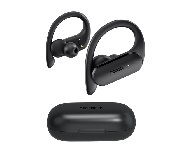 Audiovance SP301 True Wireless Earbuds Bluetooth 5.2 Earphones, Over Ear Headphones with Microphone & Earhooks, Waterproof for Sports Running Workout Gym, 24H Battery Ear Buds for iPhone iPod Android